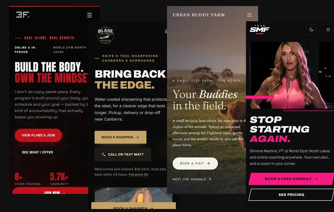Four client sites on phones: Ben Jones Fitness, The Blade Bloke, Urban Buddy Farm and Simone Martins Fitness